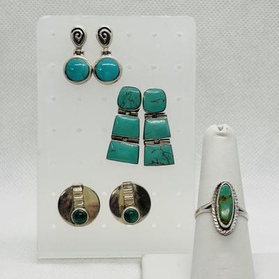 LOT 94: Sterling Silver Ring sz.7 & Earring Collection (3pr)