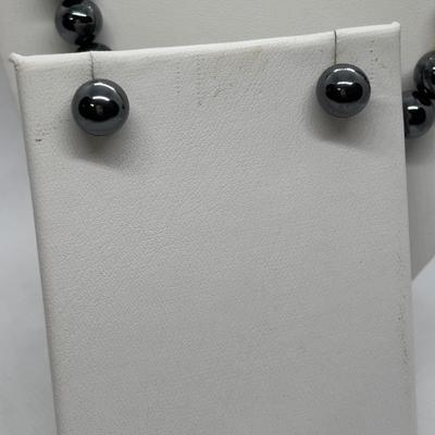 LOT 97: Hematite & Gold Beaded Necklace 14K on Clasp along w/Matching Earrings 14K on Stem