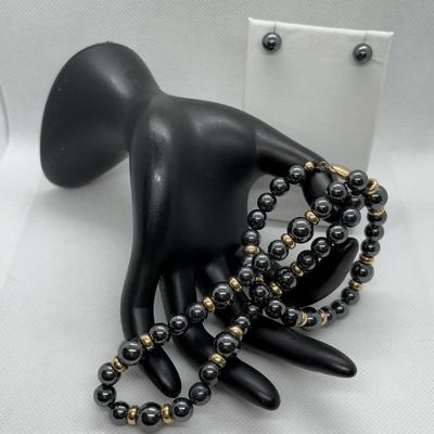 LOT 97: Hematite & Gold Beaded Necklace 14K on Clasp along w/Matching Earrings 14K on Stem