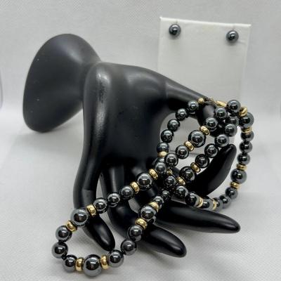 LOT 97: Hematite & Gold Beaded Necklace 14K on Clasp along w/Matching Earrings 14K on Stem
