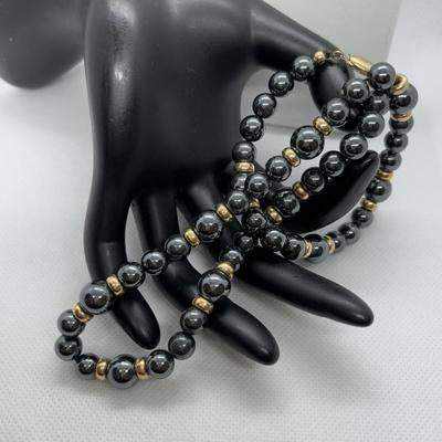 LOT 97: Hematite & Gold Beaded Necklace 14K on Clasp along w/Matching Earrings 14K on Stem
