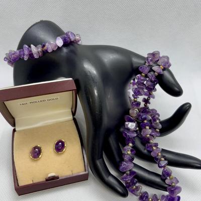 LOT 99: Amethyst Stone Necklace & Bracelet along w/Amethyst Rolled Gold Post Earrings