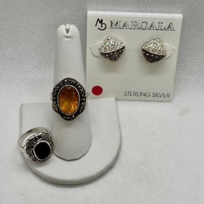 LOT 101: Sterling Silver Onyx, sz 5 Ring, Sterling Silver Topaz, sz 7.5 Ring & Marsala Sterling Silver Earrings