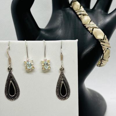 LOT 105: Sterling Silver Hugs & Kissing 7" Bracelet, Onyx Tear Drop Earrings & Avon 925 Blue Topaz Earrings