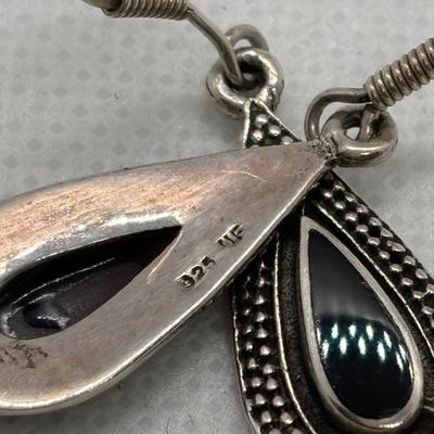 LOT 105: Sterling Silver Hugs & Kissing 7" Bracelet, Onyx Tear Drop Earrings & Avon 925 Blue Topaz Earrings