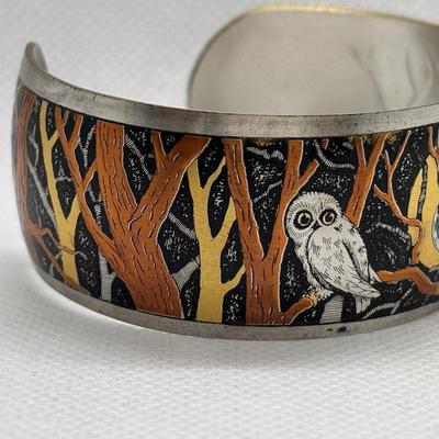 LOT 106: Reed & Barton Damascene Jewelry Collection: Owl Pendant w/Matching Cuff Bracelet