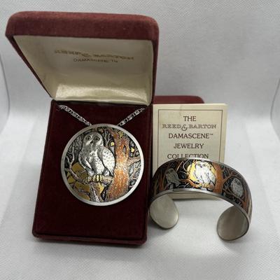 LOT 106: Reed & Barton Damascene Jewelry Collection: Owl Pendant w/Matching Cuff Bracelet