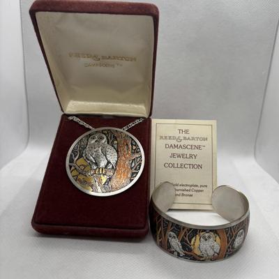 LOT 106: Reed & Barton Damascene Jewelry Collection: Owl Pendant w/Matching Cuff Bracelet