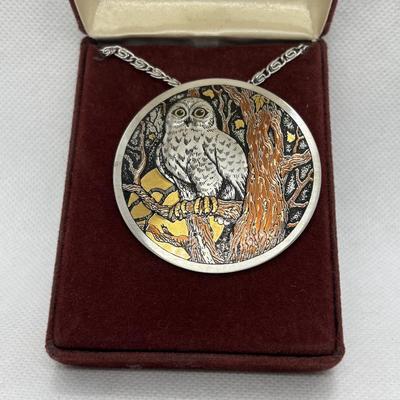 LOT 106: Reed & Barton Damascene Jewelry Collection: Owl Pendant w/Matching Cuff Bracelet