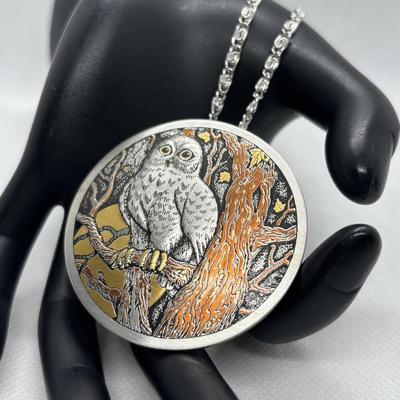 LOT 106: Reed & Barton Damascene Jewelry Collection: Owl Pendant w/Matching Cuff Bracelet