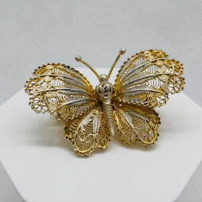 LOT 108: Antique Venezia Italy Micro Mosaic Mandolin Brooch, 800 Silver Filigree Butterfly Brooch & Unique Fish Brooch