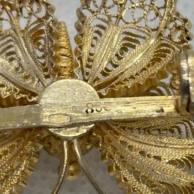 LOT 108: Antique Venezia Italy Micro Mosaic Mandolin Brooch, 800 Silver Filigree Butterfly Brooch & Unique Fish Brooch