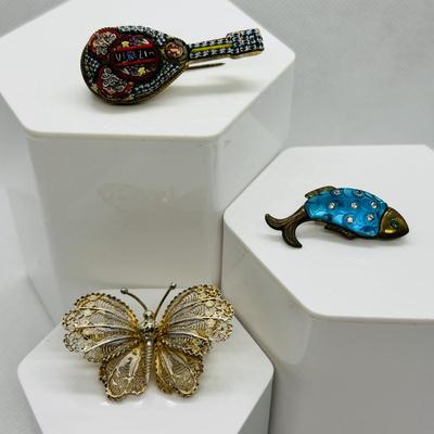 LOT 108: Antique Venezia Italy Micro Mosaic Mandolin Brooch, 800 Silver Filigree Butterfly Brooch & Unique Fish Brooch