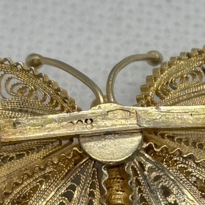 LOT 108: Antique Venezia Italy Micro Mosaic Mandolin Brooch, 800 Silver Filigree Butterfly Brooch & Unique Fish Brooch