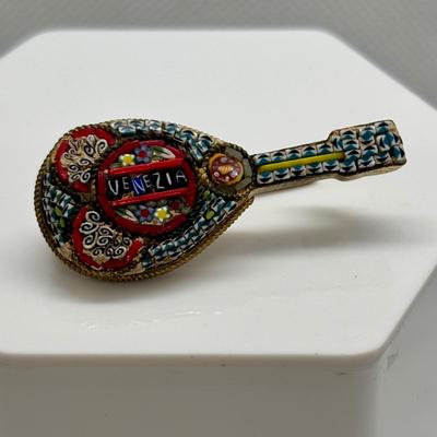 LOT 108: Antique Venezia Italy Micro Mosaic Mandolin Brooch, 800 Silver Filigree Butterfly Brooch & Unique Fish Brooch