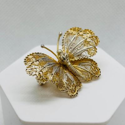 LOT 108: Antique Venezia Italy Micro Mosaic Mandolin Brooch, 800 Silver Filigree Butterfly Brooch & Unique Fish Brooch