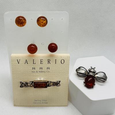 LOT 271: Amber & Sterling Silver Collection: Valerio Pin, bumble Bee Pin & Post Earrings