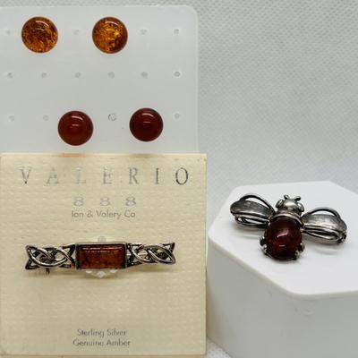 LOT 271: Amber & Sterling Silver Collection: Valerio Pin, bumble Bee Pin & Post Earrings