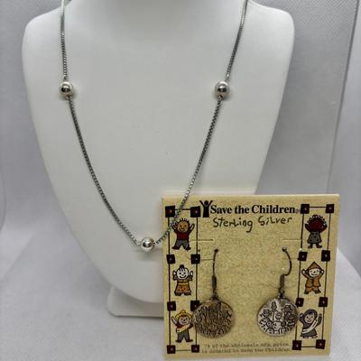 LOT 273: Sterling Silver Bead Chain Necklace w/Engraved Pendant 18", Save the Children Sterling Silver Earrings