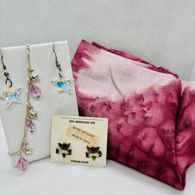 LOT 274: Sterling Silver 7" Starfish & Bead Bracelet, Crystal & 925 Star Earrings, Svila Handmade Silk Scarf