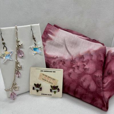 LOT 274: Sterling Silver 7" Starfish & Bead Bracelet, Crystal & 925 Star Earrings, Svila Handmade Silk Scarf