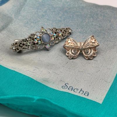 LOT 275 Vintage Filigree Bow 800 Brooch, Filigree & Rhinestone Barrette, Sacha Scarf
