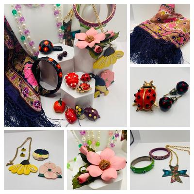 LOT:171: Spring Inspired Collection of Fashion Jewelry Including Trafari and Ladybug and Other Lady Pins, Porcelain Flower Pin, Mary...