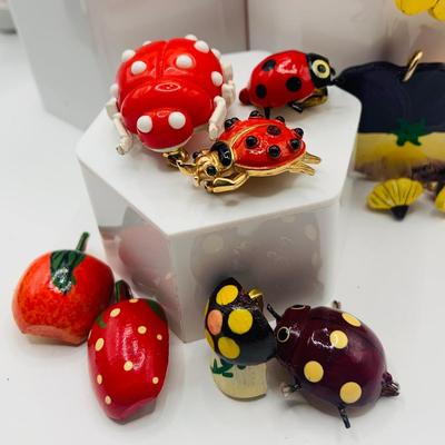 LOT:171: Spring Inspired Collection of Fashion Jewelry Including Trafari and Ladybug and Other Lady Pins, Porcelain Flower Pin, Mary...