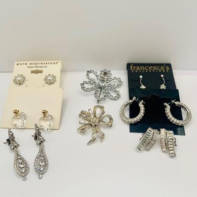 LOT 173: Crown Trifari Baquett Cut Silvertone Rhodium Plated Chip-on Earrings, Rhinestone Pins, Earrings and More Fashion Jewelry