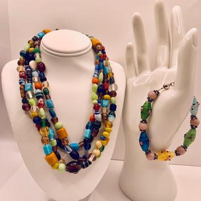 LOT:174: Marano Lamp Work Venitran Art Glass Bracelet and 60" Art Glass Bead Necklace