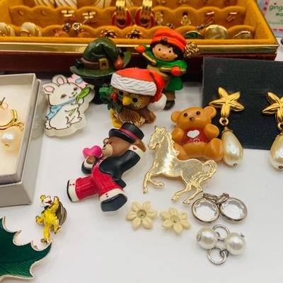 LOT176: Large Assortment of Fashion Jewelry Including a Jewelry Box of Earrings, Whimsical Pins, Avon and More