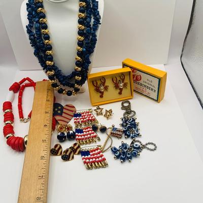 LOT 177: Patriotic Collection of Red, White and Blue Fashion Jewelry Featuring New Old Stock LObster Collar Pins From Bookbinders and...