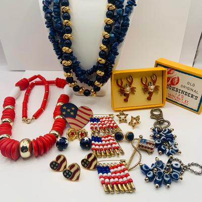 LOT 177: Patriotic Collection of Red, White and Blue Fashion Jewelry Featuring New Old Stock LObster Collar Pins From Bookbinders and...