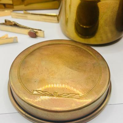 LOT:180: Mens Brass Jewelery Box, Brass Button Container /Jars, Tie Bars and Clips