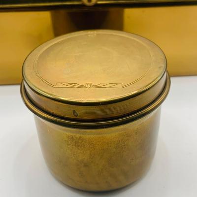 LOT:180: Mens Brass Jewelery Box, Brass Button Container /Jars, Tie Bars and Clips