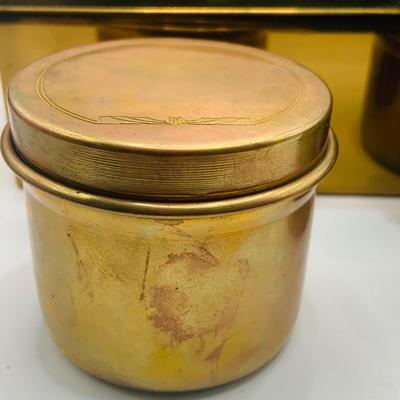 LOT:180: Mens Brass Jewelery Box, Brass Button Container /Jars, Tie Bars and Clips