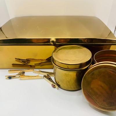 LOT:180: Mens Brass Jewelery Box, Brass Button Container /Jars, Tie Bars and Clips