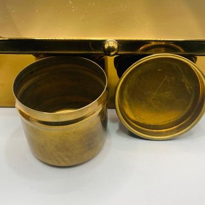 LOT:180: Mens Brass Jewelery Box, Brass Button Container /Jars, Tie Bars and Clips