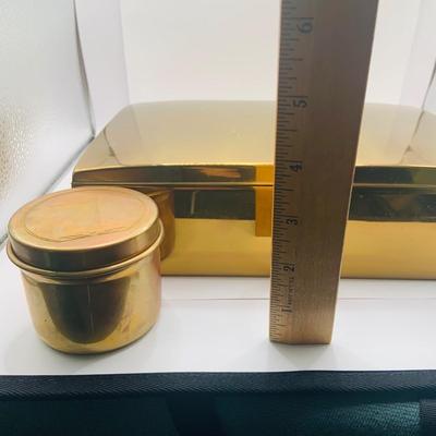 LOT:180: Mens Brass Jewelery Box, Brass Button Container /Jars, Tie Bars and Clips