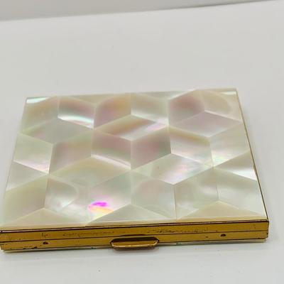 LOT 181: Vintage Mother of Pearl on Brass Vanity Set Including Folding Comb, Compact and Pill Box