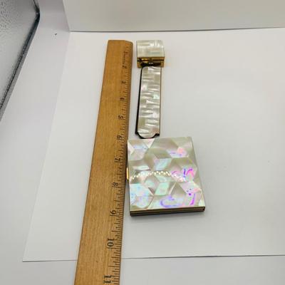LOT 181: Vintage Mother of Pearl on Brass Vanity Set Including Folding Comb, Compact and Pill Box