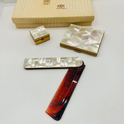 LOT 181: Vintage Mother of Pearl on Brass Vanity Set Including Folding Comb, Compact and Pill Box