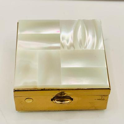 LOT 181: Vintage Mother of Pearl on Brass Vanity Set Including Folding Comb, Compact and Pill Box