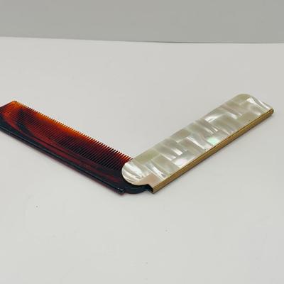 LOT 181: Vintage Mother of Pearl on Brass Vanity Set Including Folding Comb, Compact and Pill Box