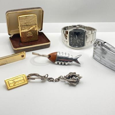 LOT 190J: Vintage Collection - Zippo Personalized Engraved Lighter in Case, Trim Gold Tone Pocket Knife, Ronson Lighter, Fish Keychains,...