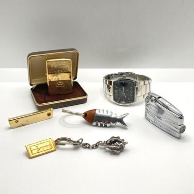 LOT 190J: Vintage Collection - Zippo Personalized Engraved Lighter in Case, Trim Gold Tone Pocket Knife, Ronson Lighter, Fish Keychains,...