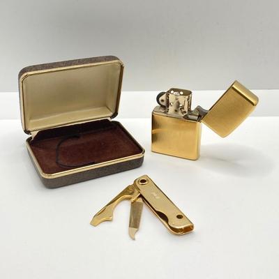 LOT 190J: Vintage Collection - Zippo Personalized Engraved Lighter in Case, Trim Gold Tone Pocket Knife, Ronson Lighter, Fish Keychains,...