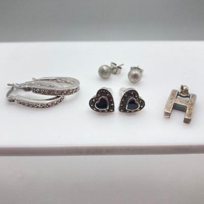 LOT 193J: Sterling / Silver Tone Jewelry Collection - Fossil Watch, Alpaca Mexico Bangle Bracelets, Earrings, Mother of Pearl Earrings...