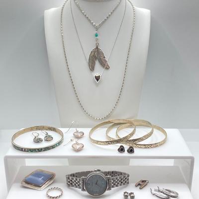 LOT 193J: Sterling / Silver Tone Jewelry Collection - Fossil Watch, Alpaca Mexico Bangle Bracelets, Earrings, Mother of Pearl Earrings...