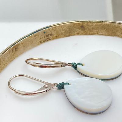 LOT 193J: Sterling / Silver Tone Jewelry Collection - Fossil Watch, Alpaca Mexico Bangle Bracelets, Earrings, Mother of Pearl Earrings...